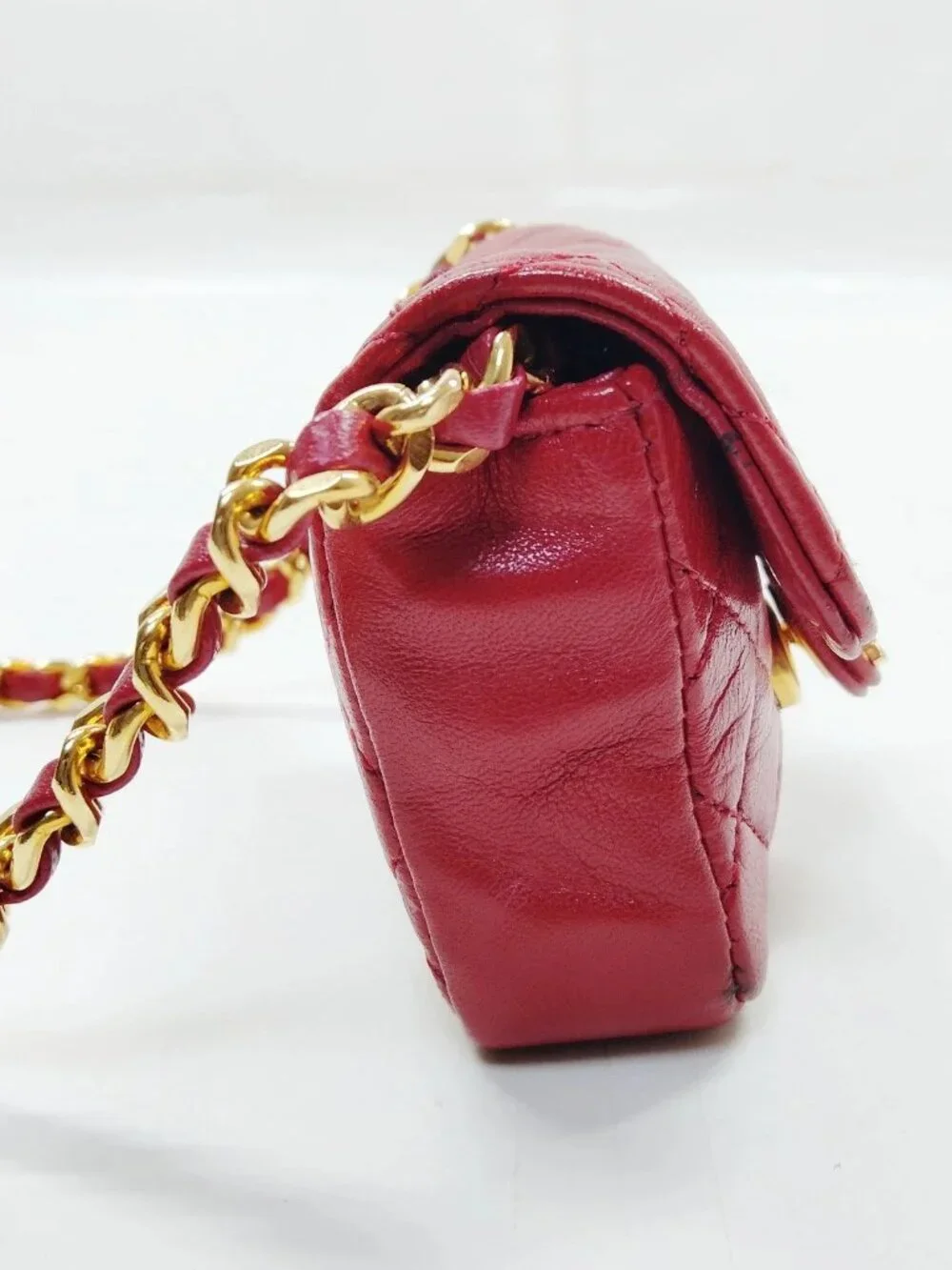 Authentic Chanel Mini Classic Flap Coin Purse Red Quilted Lambskin Chain Bag